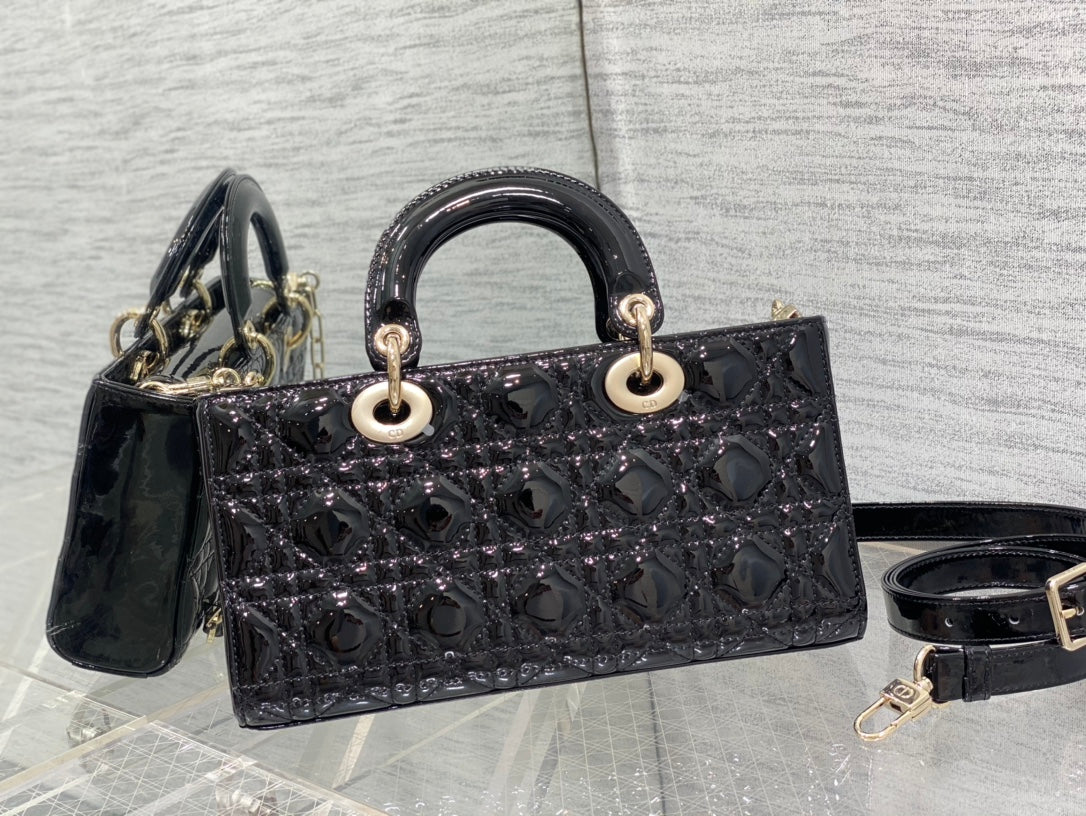 Dior Lady D-Joy Medium Patent Black Leather Bag - 26x6x14cm