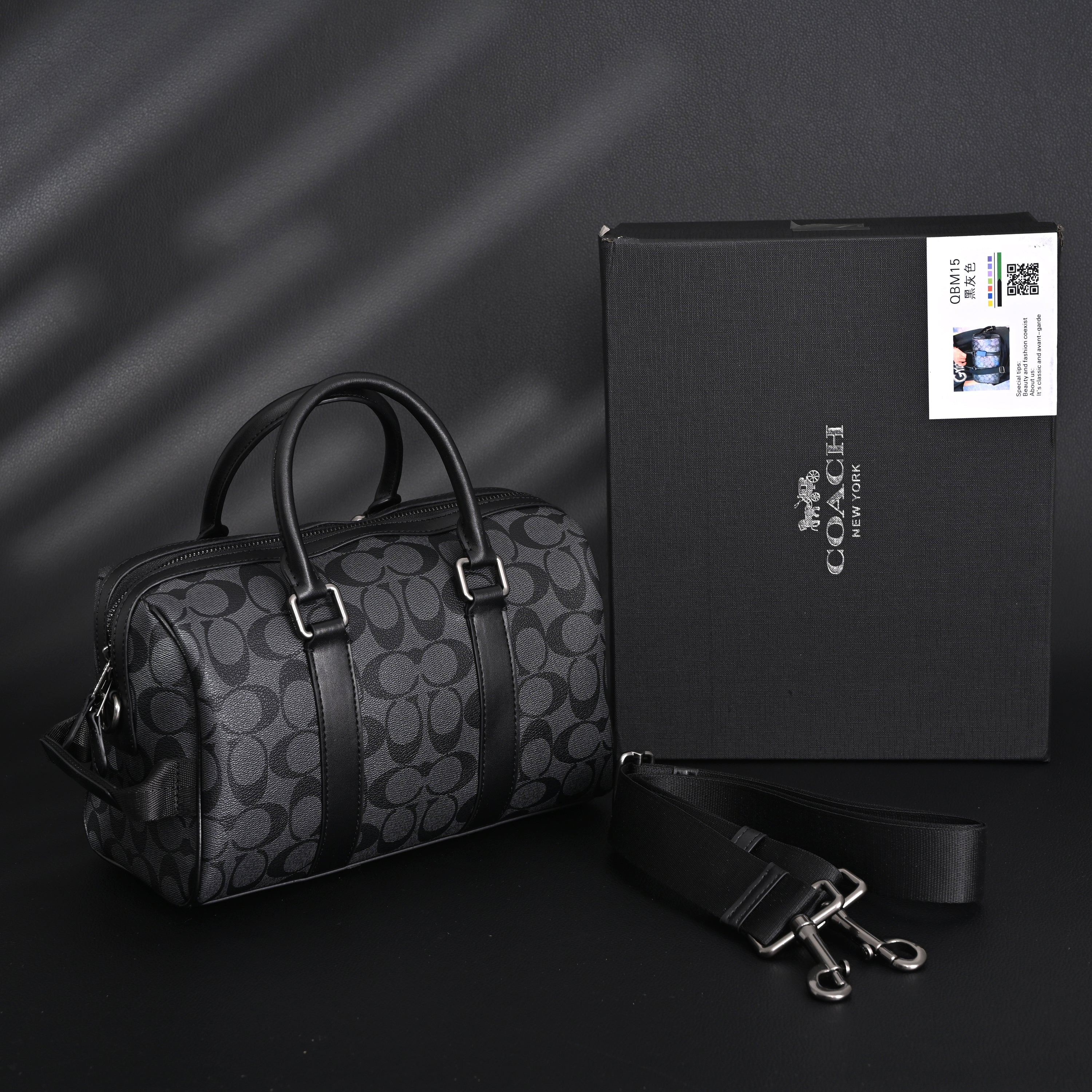 Coach Signature Duffel Bag – Black Monogram Canvas with Leather Trim